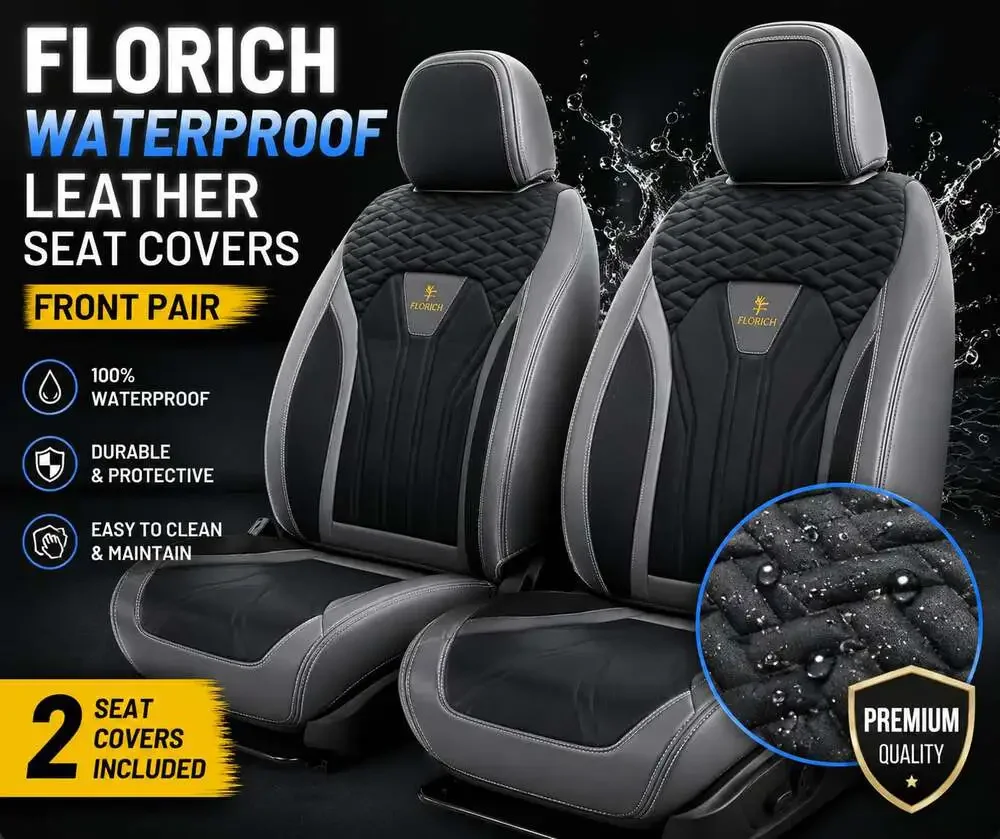 FLORICH Waterproof Leather Front Car Seat Covers Pair Black Gray New Open Box